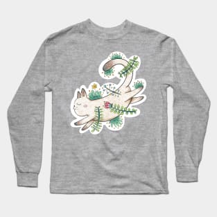 Cute floral cat stretching out on the floor Long Sleeve T-Shirt